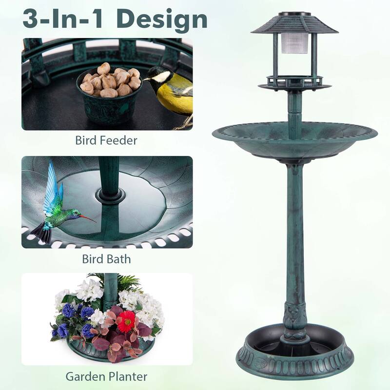 Costway 3-In-1 Pedestal Bird Bath with Solar Light with Bird Feeder & - See Details