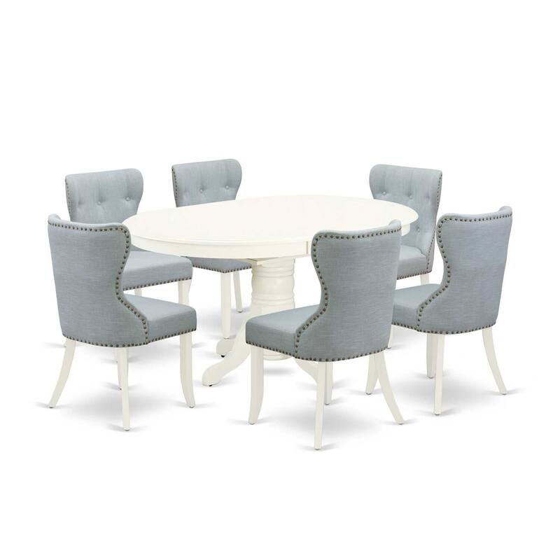 HomeStock 7-Piece Oval Linen White Finish Solid Wood Top Dining Table with 6-Chairs with Butterfly Leaf Lattice Back