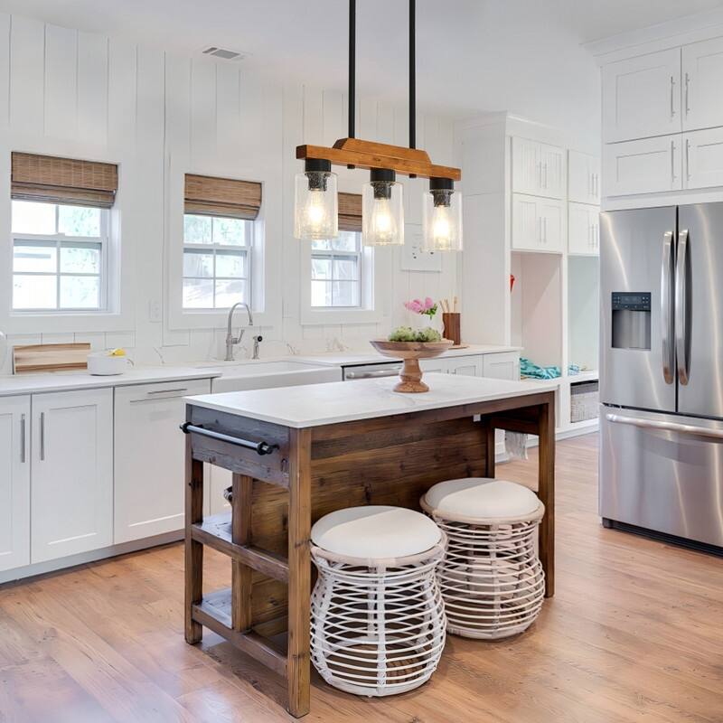 Farmhouse Chandelier for Dining Room Kitchen Island Rustic Wood Linear Pendant Light with Seed Glass Shade