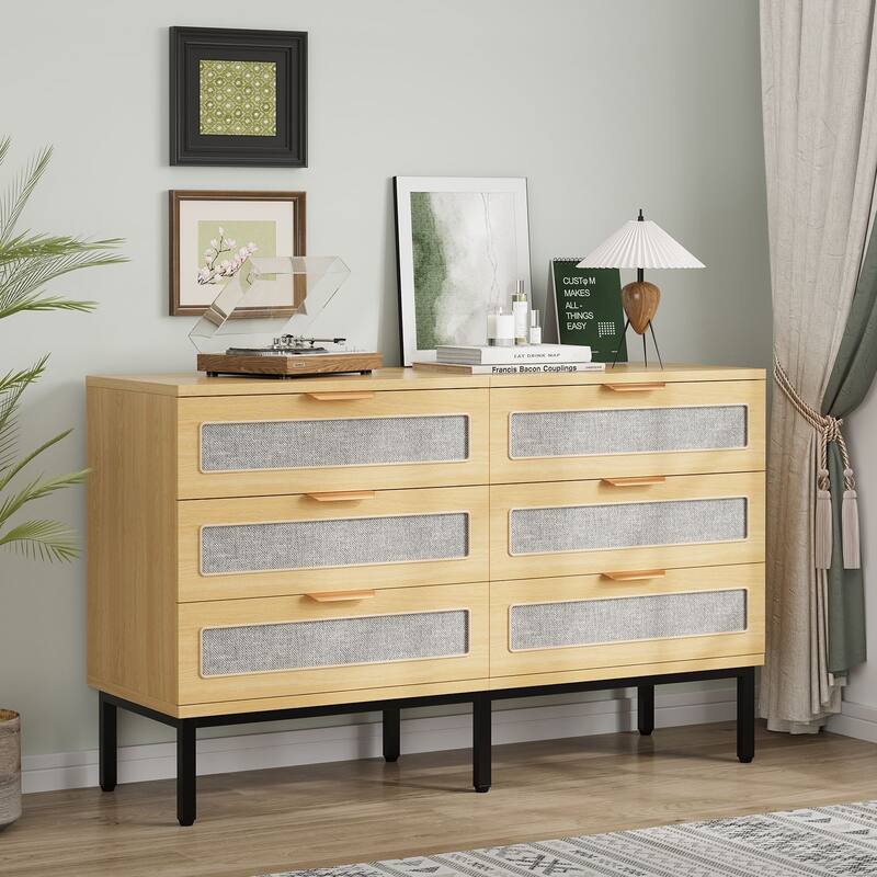 Gymojoy 47" 6 Drawer Rattan Dresser for Bedroom, Boho Farmhouse Wood Chest of Drawers with Metal Handles, Closet Organizer - Oak - 6-drawer