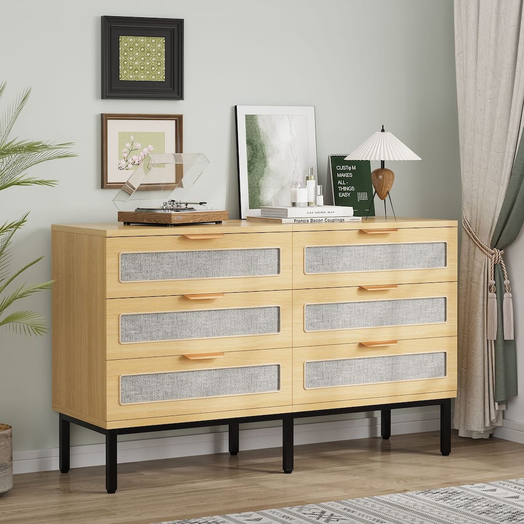 Gymojoy 47" 6 Drawer Rattan Dresser for Bedroom, Boho Farmhouse Wood Chest of Drawers with Metal Handles, Closet Organizer