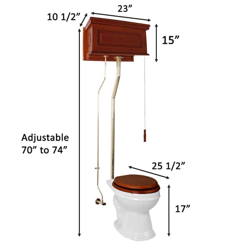 High Tank Toilet - Light Mahogany Flat Tank, White Elongated Bowl and Brass L Pipe Renovators Supply - White
