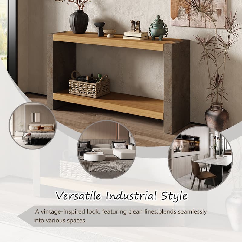 Console Table with Dovetail Joinery & Bottom Shelf, Vintage Industrial Sofa Tables with Distressed Veneer, 59" Entryway Table