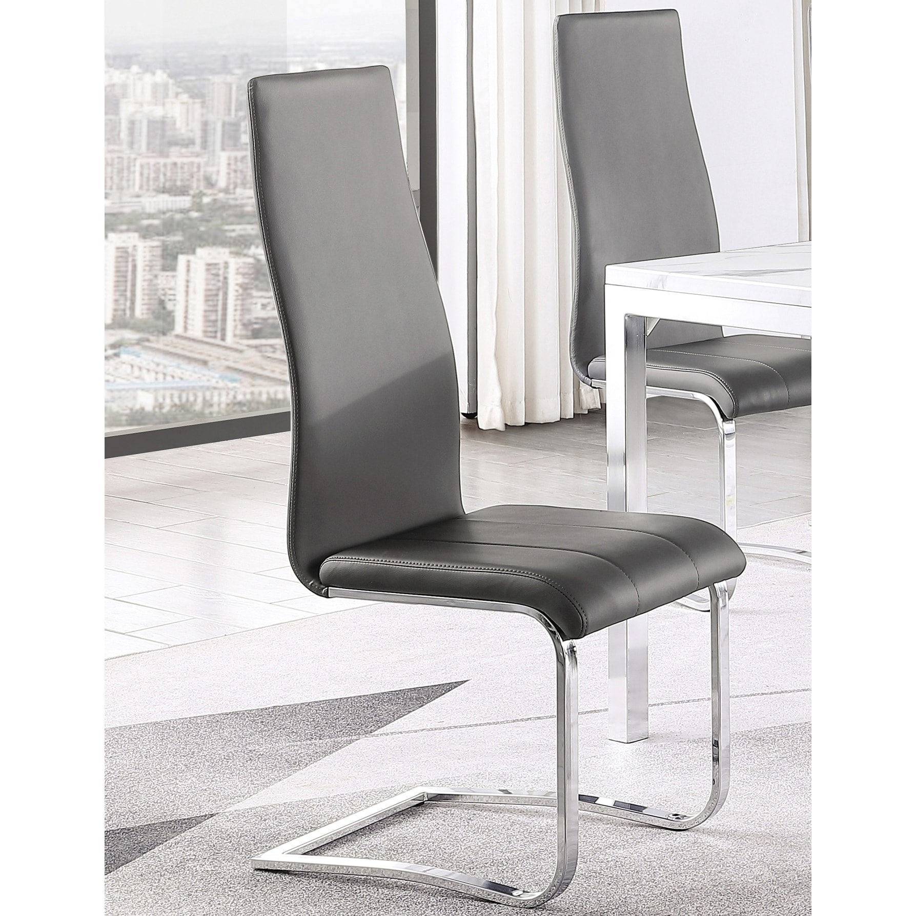 Contemporary Modern Design Grey Upholstered Dining Chair with Chrome Base Set of 4