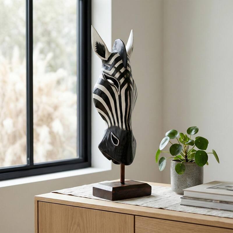 20" Wooden Tribal Striped Black White Zebra Mask with Stand Hand Carved Home Decor Accent Sculpture Decoration Handmade