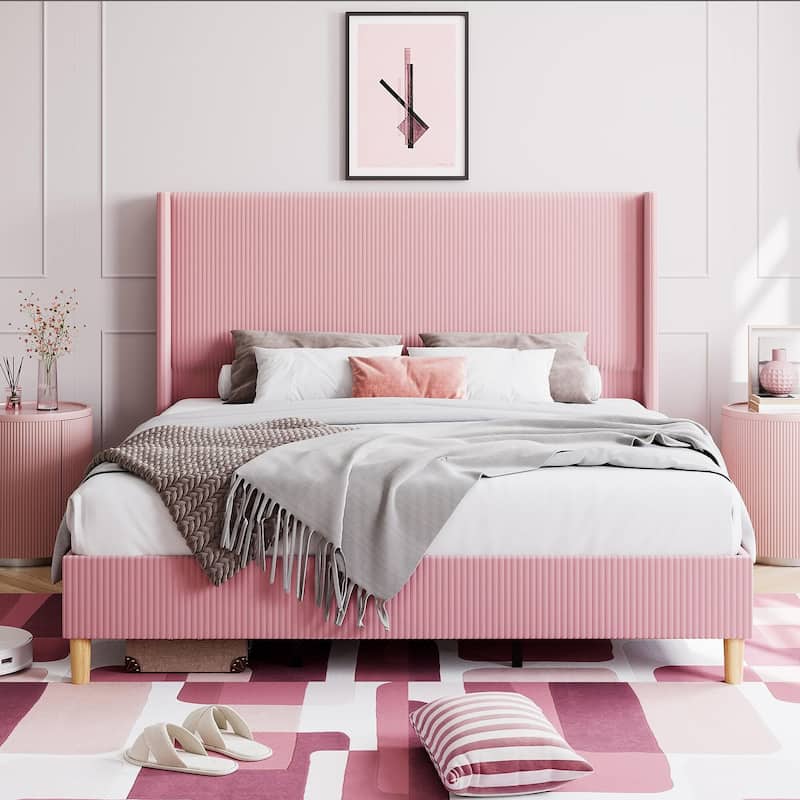 Upholstered Corduroy Bed Frame, Bed Frame with Wingback Headboard - Pink - Queen