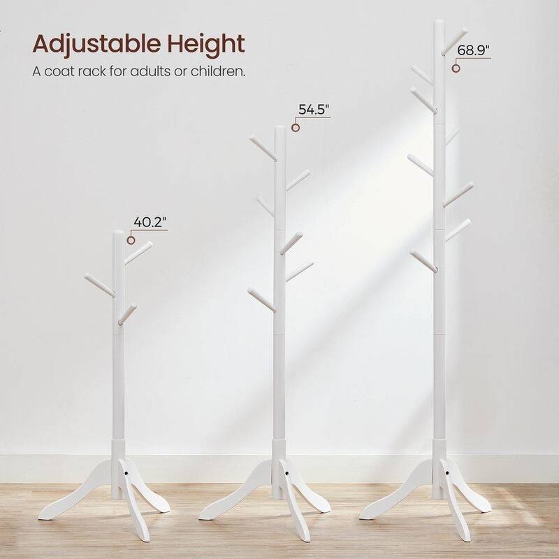Solid Wood Modern Coat Rack, 8 Hooks, 53 lb Capacity, Adjustable 3-Section Design with Triangular Base
