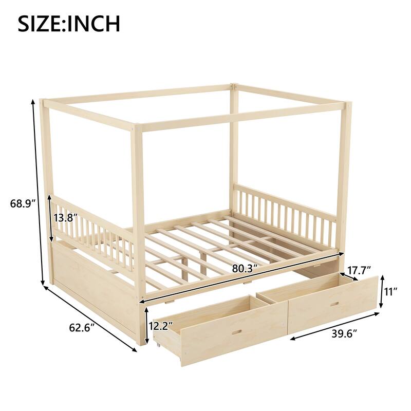 Roomfitters Queen/King Wooden Canopy Bed with 2 Storage Drawers, Solid Wood Frame, Walnut