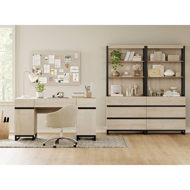 WAMPAT 59" Executive Desk with Charging Station & Storage Cabinet + 72" Tall Bookcase with 6 Drawers.