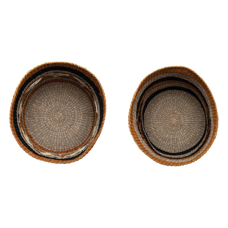 Hand-Woven Seagrass Baskets with Design, Set of 2 - 100% Seagrass