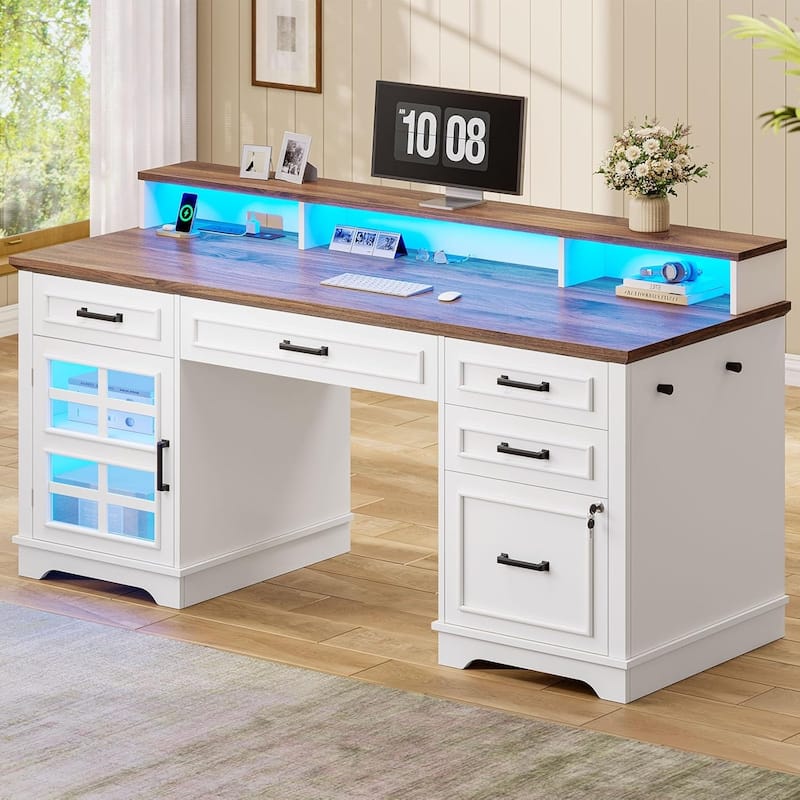 Executive Desk with Drawers Computer Desk File Drawers Power Outlet LED Lights Storage Cabinet