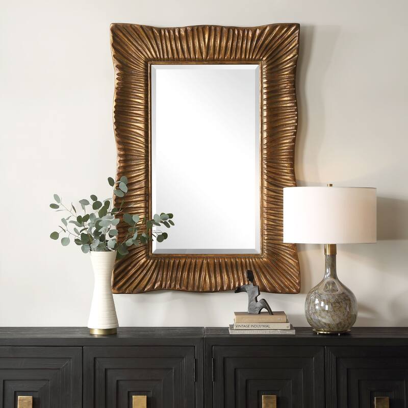 Scalloped Profile Beveled Wall Mirror 51" Antiqued Gold Finish