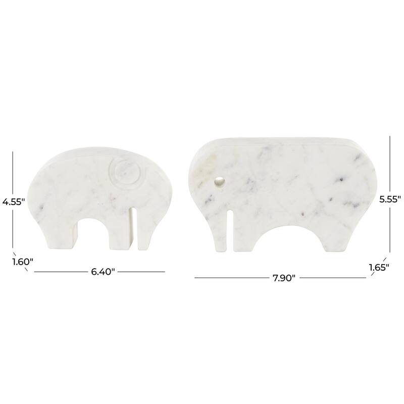 White Marble Rounded Abstract Elephant Decorative Sculpture with Gray Marble Veins and Cutouts (Set of 2)
