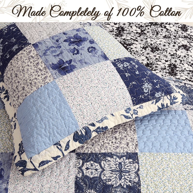 Cozy Line Azure Blue Floral Garden Patchwork 3 Piece Cotton Quilt Bedding Set