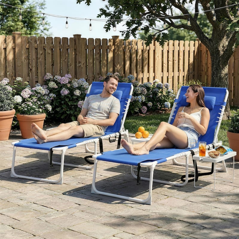 Outsunny Tanning Chair Set of 2 with Face Hole, Side Table, 5-Position Reclining Folding Chaise Lounge Chair - Dark Blue