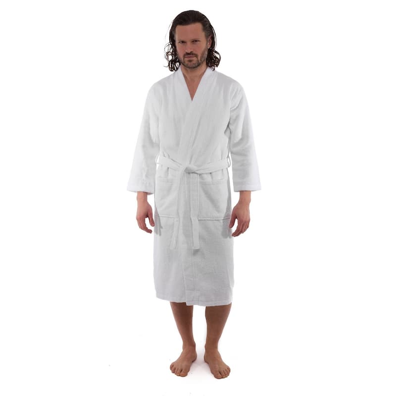 Classic White Turkish Cotton Belted Kimono Terry Cloth Bathrobe with 2 Pockets