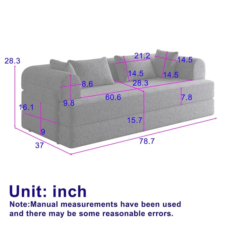 78.7" Convertible Chenille Folding Mattress Sleeper Sofa Bed with Cylindrical Pillow and Side Pocket