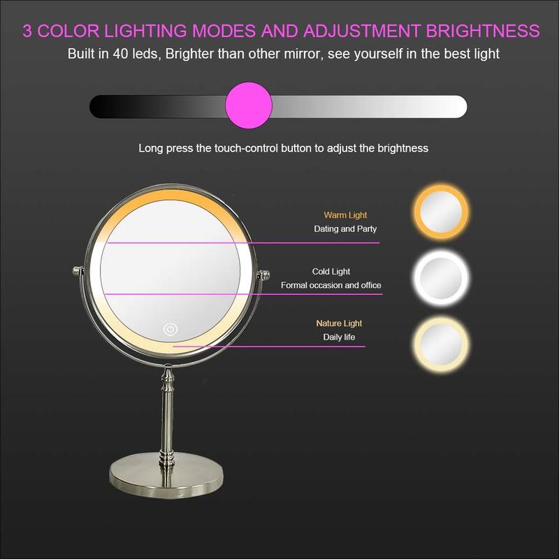 Makeup Mirror with Lights, 360° Swivel 1/10x Magnifying Tabletop Mirror w/Touch Sensor & Type-C Charging Port