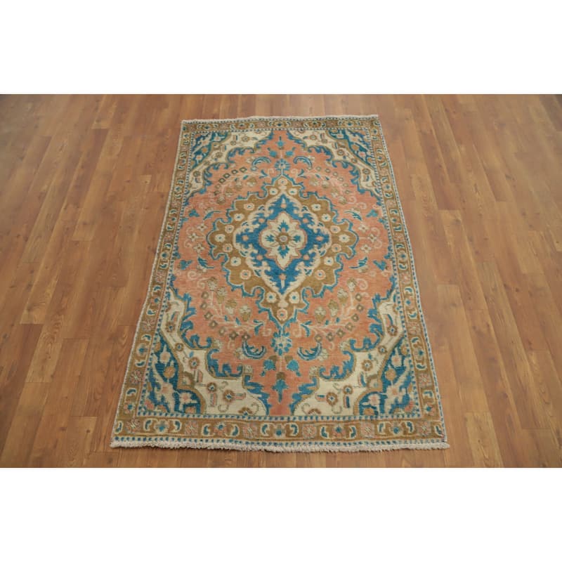 Hand Knotted Oriental 100% Wool Carpet Traditional Floral Coral Tabriz Area Rug - 4' 9'' X 3' 0''