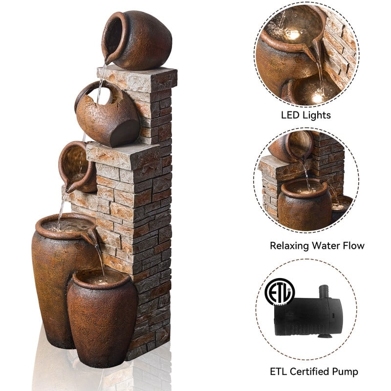 44.09" Glazed Terracotta Pots Polyresin Cascade Water Fountain Weather Resistant