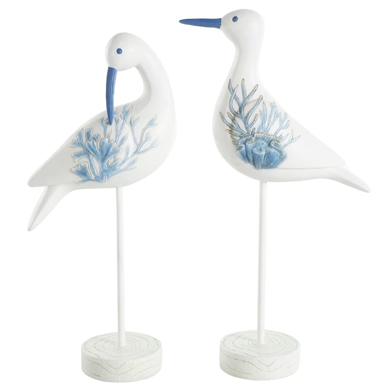 White Polystone Bird Decorative Sculpture with Blue Coral Patterns and Wood Inspired Bases (Set of 2)