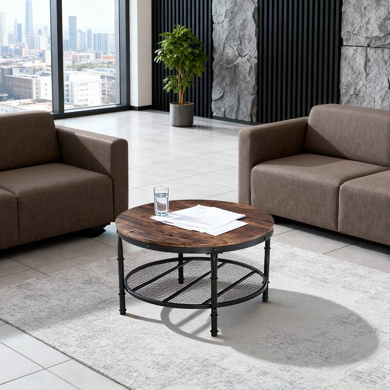 31.89in Double-layer Round Brown PVC Density Board Panel Black Base with Silver Pattern Powder-coated Iron Frame Coffee Table