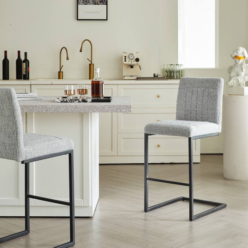Set of 2 Light Gray Fabric Bar Stools, Sturdy Black Metal Frame, Counter Height for Kitchen & Living Room