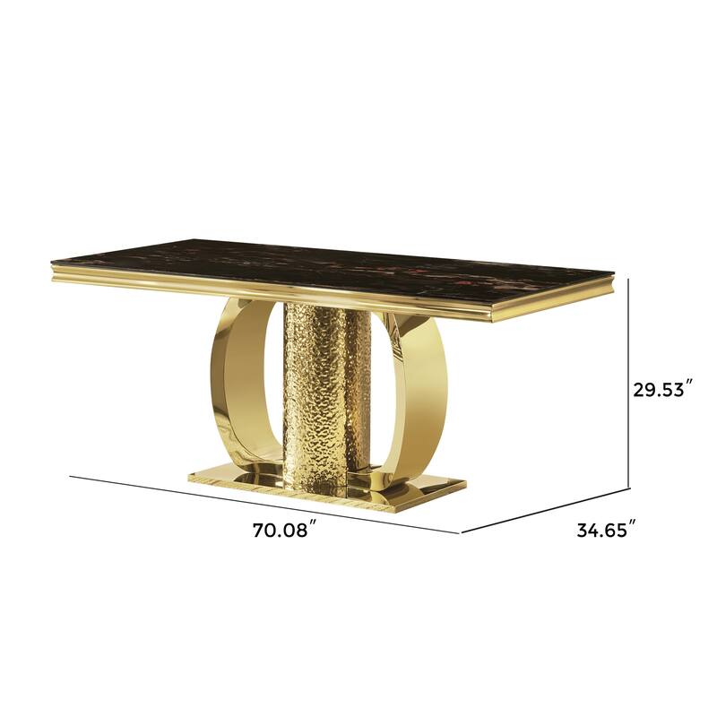 Gold stainless steel dining table 70.08 inch black tempered glass top with sticker