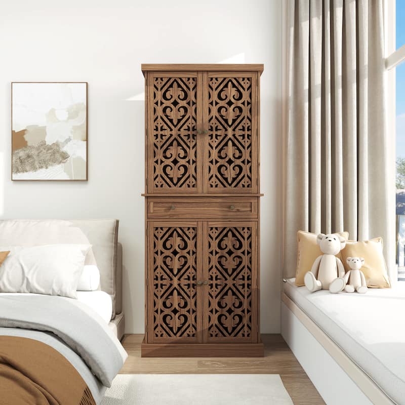 Roomfitters 4 Door Storage Cabinet with Drawer, Tall Pantry Cabinet with Adjustable Shelves, Walnut