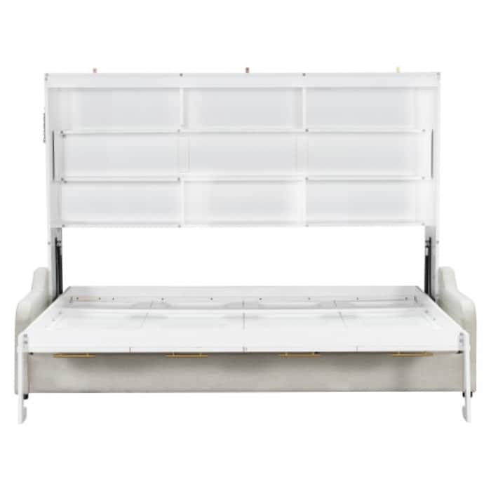 Queen/Full Size Murphy Cabinet Bed - Converts to Folding Sofa with Storage Shelves and LED Lights