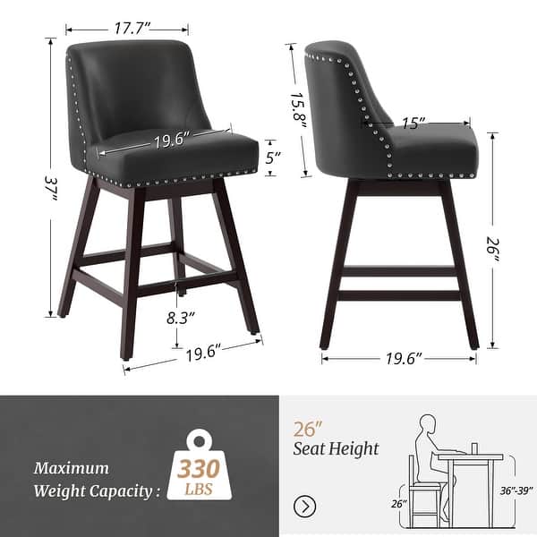 dimension image slide 6 of 8, 26 in. Fabric Upholstered Counter Height Swivel Bar Stool with Footrest - 19.6"D x 19.6"W x 37"H