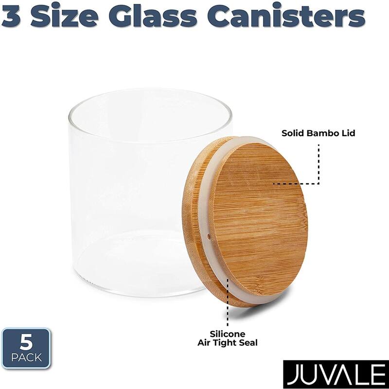Glass Canisters with Airtight Bamboo Lids, 3 Sizes for Pantry Storage (5 Pack)