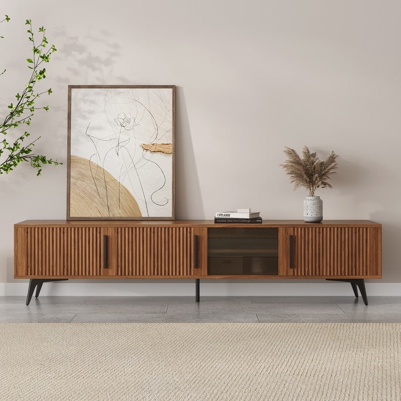 79" Mid-Century Modern Ribbed Wood TV Stand with Storage Cabinets and Glass Shelf – Entertainment Center Fits 85" TVs