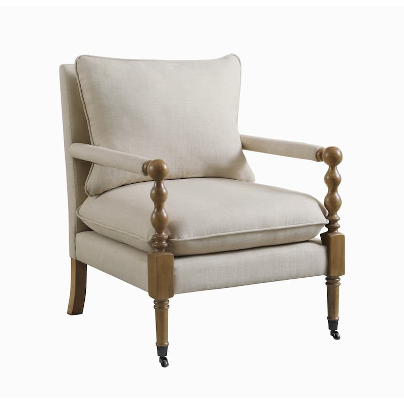Fabric Upholstered Wooden Accent Chair with Manchette Armrest, Beige and Brown