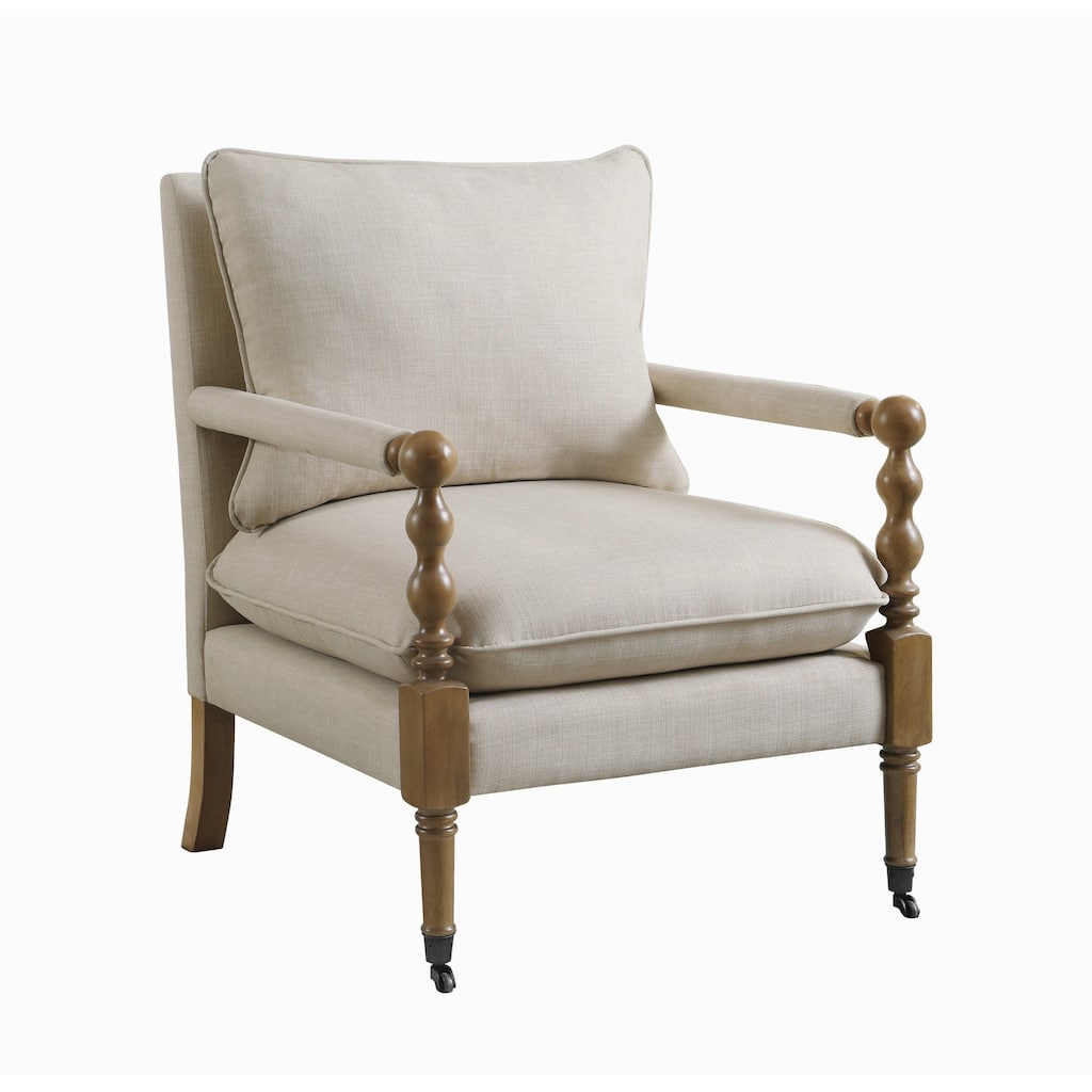 Fabric Upholstered Wooden Accent Chair with Manchette Armrest, Beige and Brown