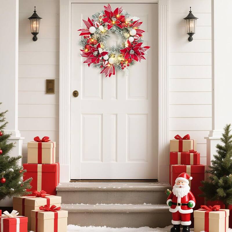 24 Inch PVC Christmas Wreath, Pinewood Red and White Garland for Front Door, Fireplace - N/A