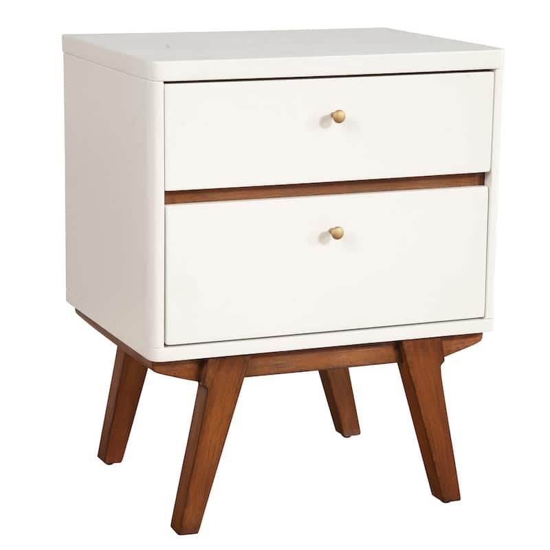 White and Brown Retro 2-Drawer Nightstand with Metal Handles and Splayed Legs