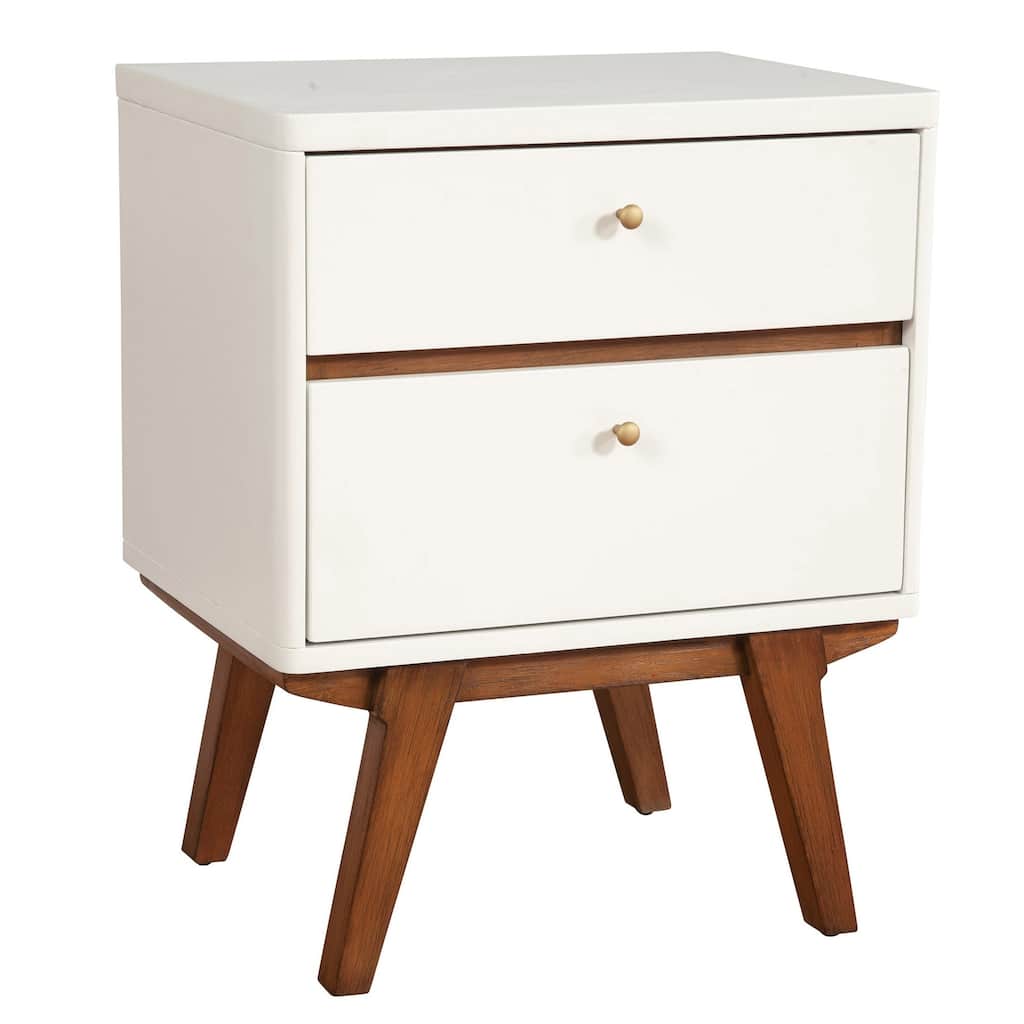 White and Brown Retro 2-Drawer Nightstand with Metal Handles and Splayed Legs