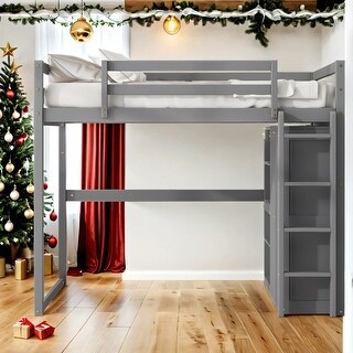 Kid Bed Frame Full Size Wood Loft Bed with Built-in Wardrobe and Led Light