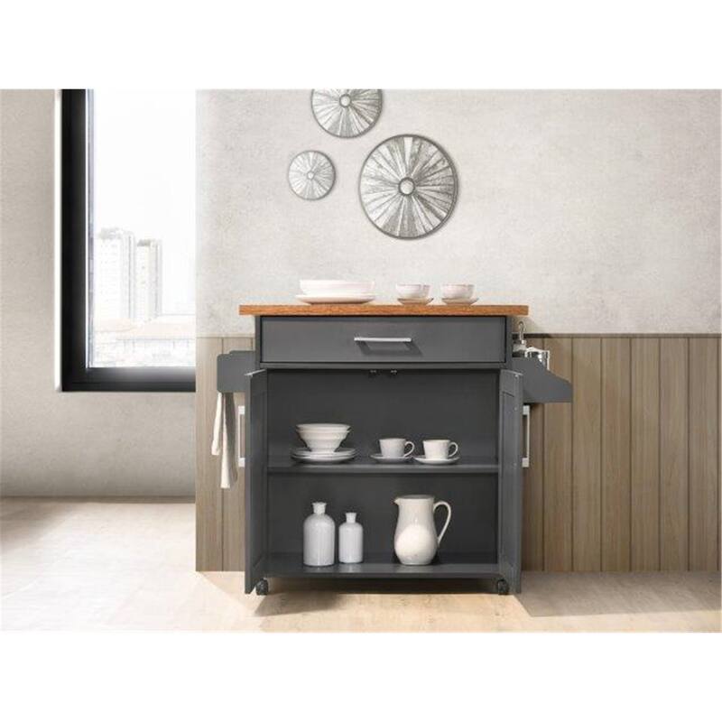 Kitchen Island Cart with Spice Rack & Storage - Grey Oak Kitchen Island with Drawer & Cabinet