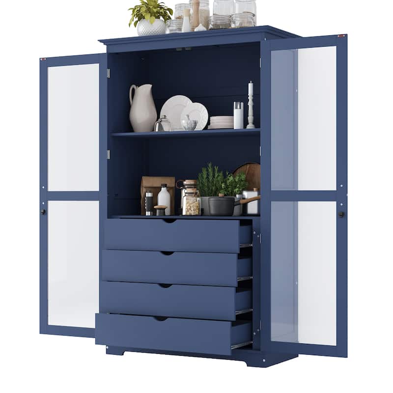 44.7" Kitchen Pantry Cabinet with Glass Doors - Storage Cabinet with 4 Built-In Drawers - Display Cabinet for Living Room