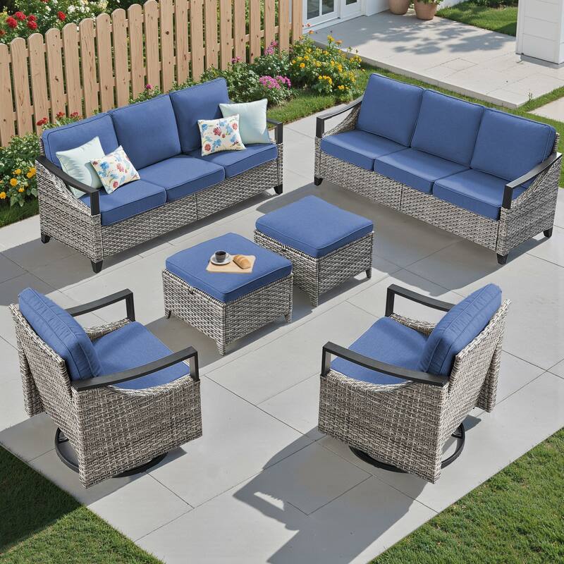 Pocassy 6-Piece Outdoor Patio Sofa Swivel Glider Chairs with Ottoman - Gray Wicker Blue Cushion - 6-Piece Sofa Swivel Chair with Ottoman