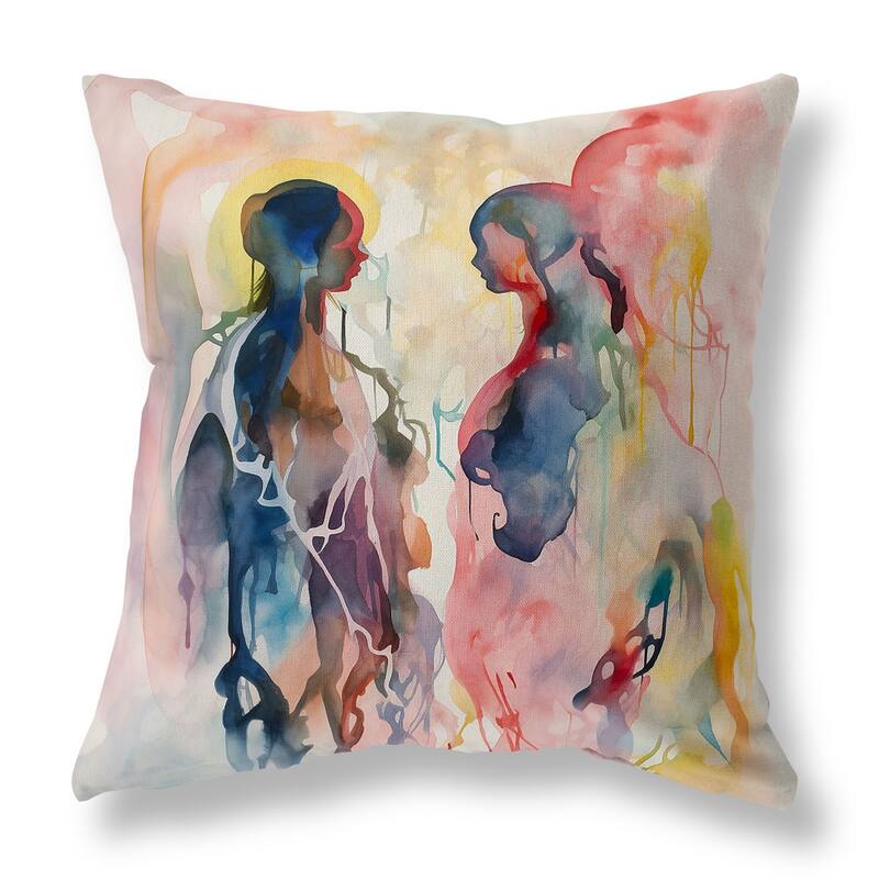 Pink And Multi Two Human Feathers Faux Suede Throw Pillow Zipper