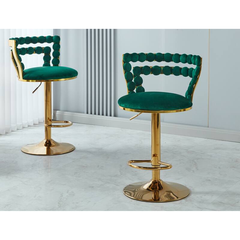Modern Bar chair(set of 2 ) with golden color iron tube legs, soft cushions and comfortable backrest - Green