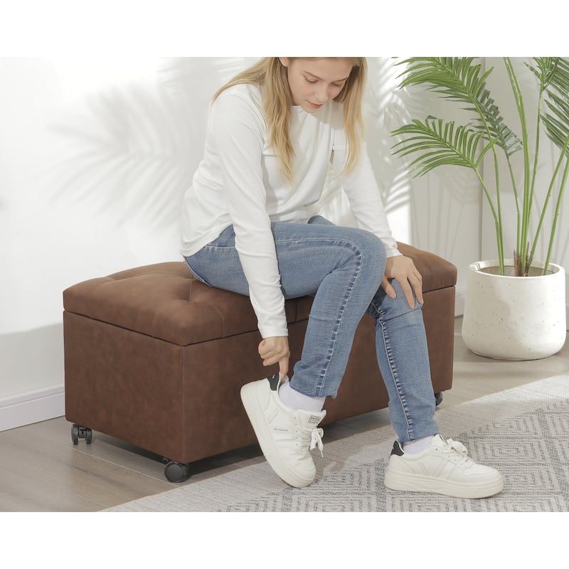 Adeco 35" Storage Ottoman Tufted Faux-Leather Lifted Top Bench