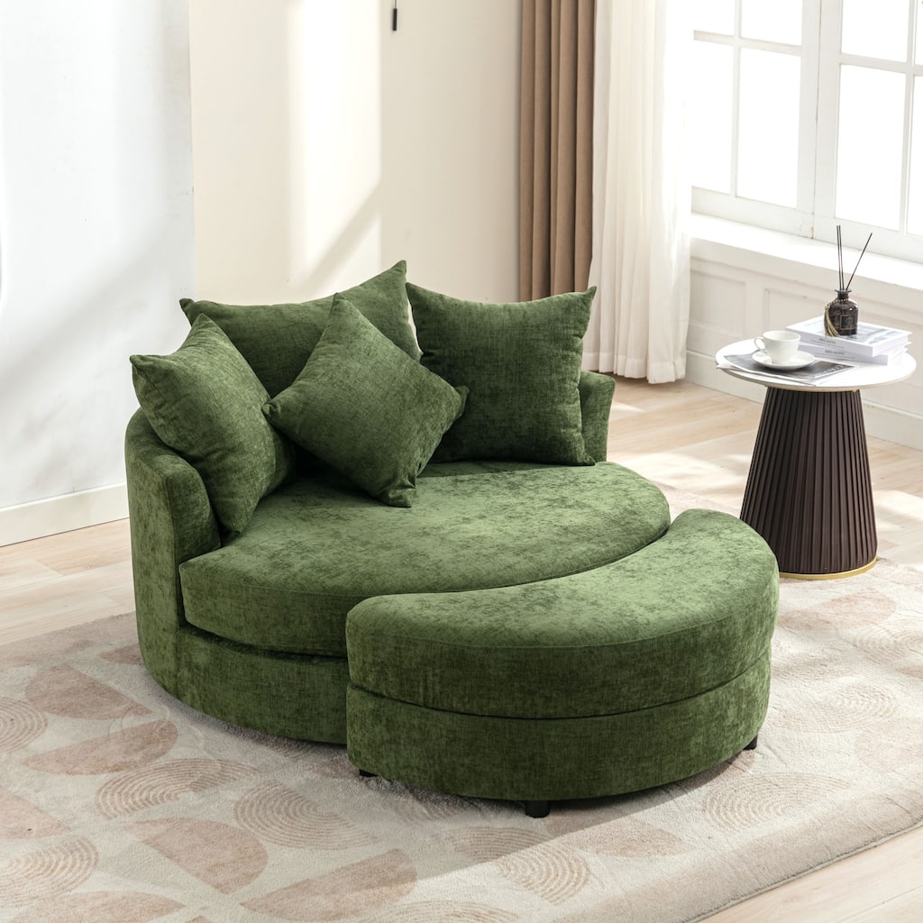 Modern Chenille Swivel Barrel Chair with Storage Ottoman and 4 Pillows