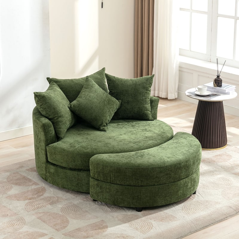 Roomfitters Modern 360° Swivel Barrel Chair with Hidden Storage Ottoman, Chenille Upholstery and Four Pillows - Green