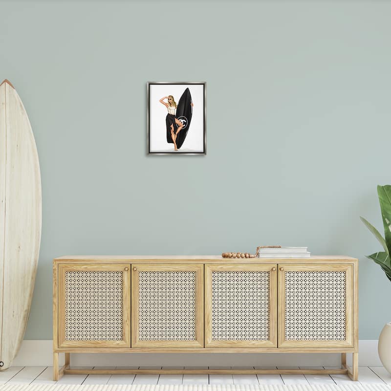 Stupell Trendy Surfer Girl in Black Framed Floater Canvas Wall Art Design By Ziwei Li
