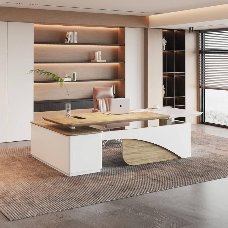 WESOME White Adjustable L Shaped Desk with LED Power Outlets, Electric Sit and Stand Desk
