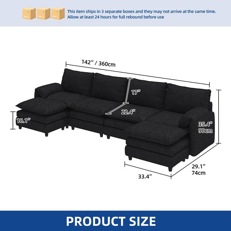 Moasis 142 Inch Modular Velvet Sectional Sofa with Movable Ottoman and Pillow Armrest for Living Room